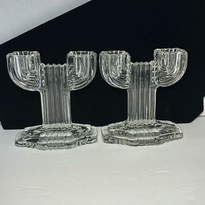 VTG Anchor Hocking Queen Mary Double Candlestick Holders Depression Glass SetOf2